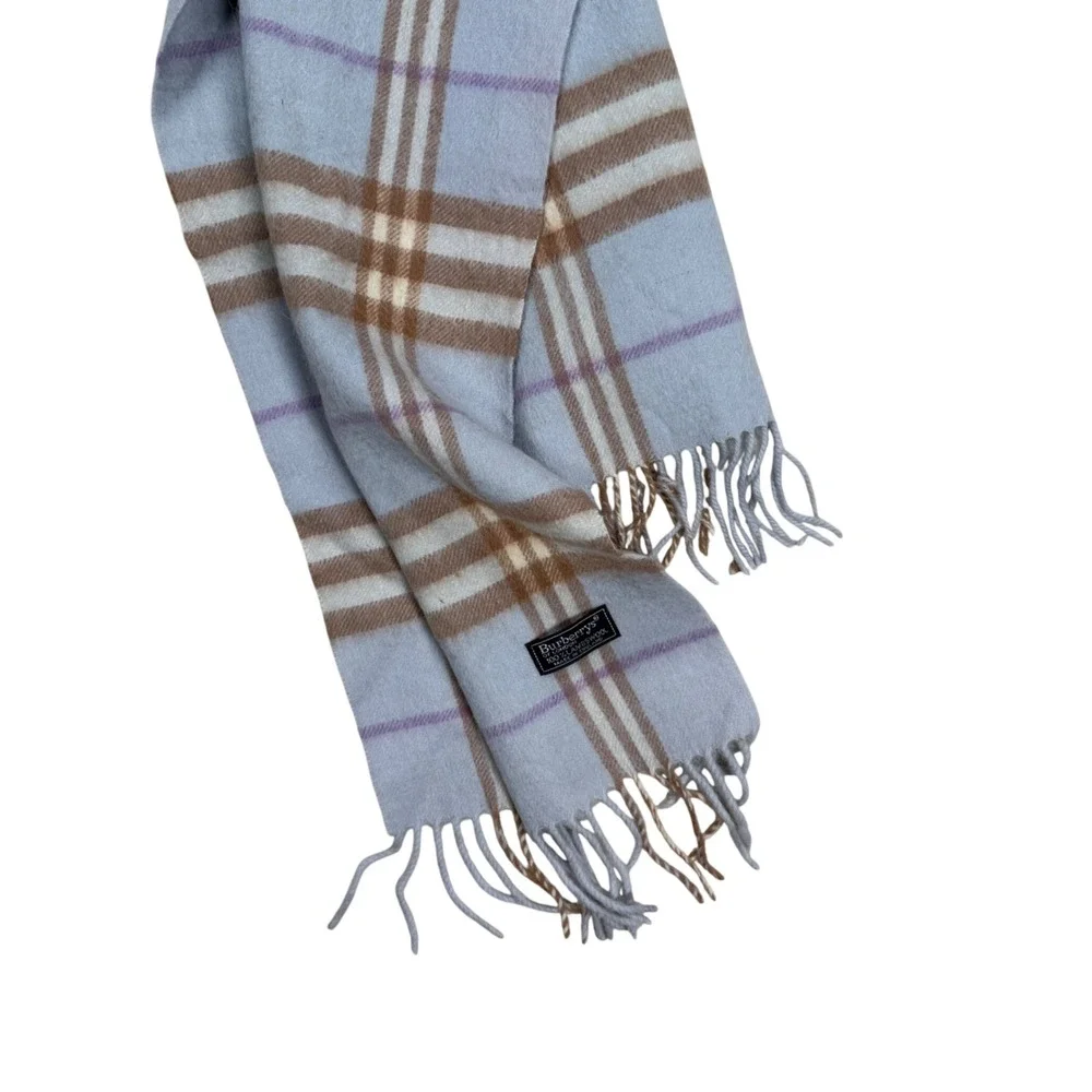 Burberrys of London Lambswool Scarf Classic Check Blue‎ Camel Purple 62 x 11.5in
